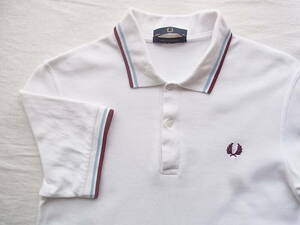 FRED PERRY 　フレッド ペリー 鹿の子素材　ライン入りポロシャツ　サイズ 96cm/38 　ホワイトベース　MADE IN ENGLAND