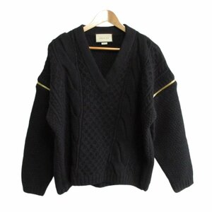 美品 21AW グッチ Detachable Sleeves Cable Knit 長袖 Vネック デタッチャブルスリーブ ケーブルニット セーター 680968 M ブラック ◆