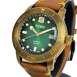 FENDI/フェンディ 000-131-037 アクアダイバー 限定800本 腕時計 スチール/レザー 自動巻き/オートマ 緑文字盤/ブロンズ/茶 メンズ
