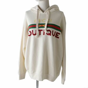 美品◎正規品 イタリア製 GUCCI グッチ 615061 レディース BOUTIQUE ロゴプリント フード付き プルオーバー／パーカー アイボリー XS