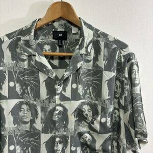 廃番 限定コラボ【H&M×ZION】Bob Marley フォト 開襟シャツ アロハシャツ 古着 L ボブマーリー ラスタ レゲエ kaya ロック 映画 ザイオン