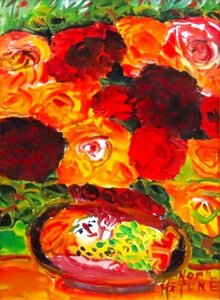 原色で鮮やかに明るく薔薇を描いています、珍しい貴重な作品です。　野間仁根　「薔薇」　油彩画　4F　【正光画廊】*