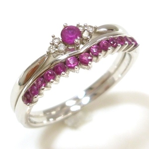 J◇K18WG ルビー 0.39ct & ダイヤモンド 2連風リング 指輪 19号 ホワイトゴールド 18金 K18 ダイヤ White gold Ruby Diamond ring