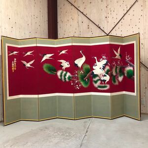 732　【蔵出し】中国　屏風　鶴　刺繍　赤　八曲一双　高さ　184cm