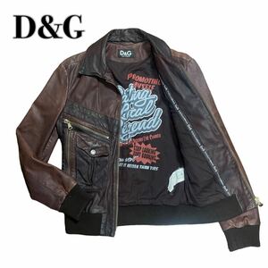 希少 D&G ドルチェアンドガッバーナ ライダースジャケット レザー ブラウン 茶色 44 M 内側ロゴ