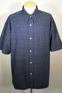 【加寿利】書生紬 　藍染　シャツカラー メンズ　 XLサイズ　 着物リメイク アロハシャツ