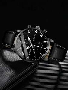 腕時計 メンズ セット 男性用腕時計 1個 ブラックレザー、ステンレススチールケース、カジュアルクォーツウォッチ、ブレスレット4本