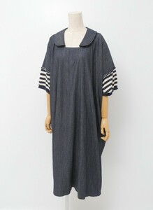 GO5349〇フランス製*コムコム コムデギャルソン COMME des GARCONS*デニム*ボーダー柄ニット/袖*ワンピ―ス*オーバーサイズ*S