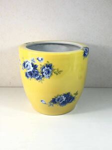 のりたけ　火鉢 金魚鉢 陶器 手あぶり 薔薇柄黄色陶器製 アンティーク 24×25.5cm 日陶　