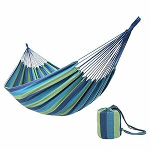 【中古】oncloud Double Hammock for旅行キャンプ裏庭ポーチ、屋外や屋内使用、キャリーポーチ付きブルー/グリーンストライプ