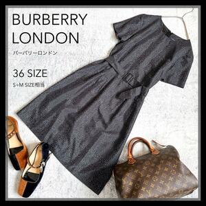 【BURBERRY LONDON】バーバリーロンドン ドットノバチェック ベルテッドワンピース ハーフスリーブ 36サイズ Sサイズ相当 黒 ブラック
