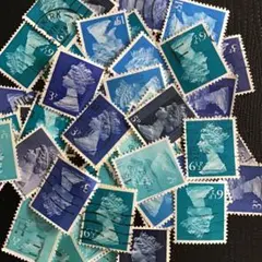 海外ヴィンテージ使用済み切手（クイーン）ブルー系50枚