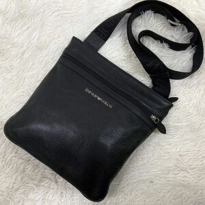 1円 【美品】 EMPORIO ARMANI エンポリオアルマーニ ショルダーバッグ レザー 斜め掛け サコッシュ ブラック ビジネス 通勤 仕事鞄 メンズ