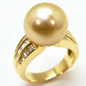 大珠!!＊K18南洋ゴールデンパール/天然ダイヤモンドリング＊m 約9.9g 約12.0号 0.54ct 12.5mm珠 pearl diamond ring 指輪 EH3/EH3