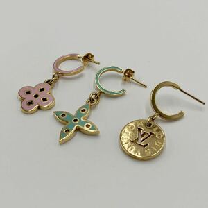 $【売り切り】そこそこ美品 LOUIS VUITTONルイヴィトン ブークル ドレイユ ルーピング M66074 ピアス 3個セット LVロゴ モノグラムフラワー