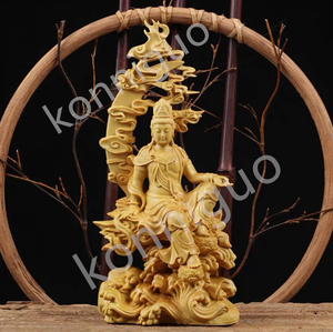 木彫り　水月観音菩薩　置物装飾　無垢材観音仏像　彫刻工芸品JS06
