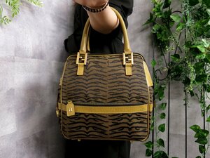 ●超美品●FENDI フェンディ●トラ柄●ナイロン エピ レザー 本革●ハンド バッグ●黒 ブラウン●ゴールド金具●腕掛け●かばん●Js45855