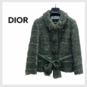 高級 Christian Dior クリスチャン ディオール ウール モヘア混 ミンクビジューボタン ツイードジャケット レディース