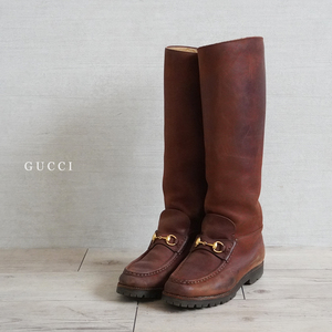 グッチ GUCCI ホースビット ロング ブーツ 36 1/2 ビブラム ソール レディース ブラウン 茶 本革 ヌバック レザー ヴィンテージ 靴