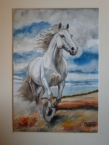 水彩画　草原を駆ける白馬