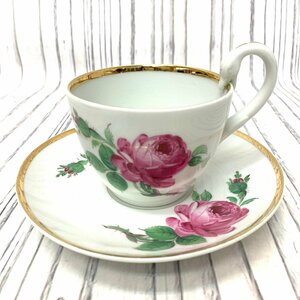 s001 K4 保管品 マイセン Meissen カップ&ソーサー ピンクローズ スワンハンドル 金彩 薔薇 バラ 食器 西洋磁器 中古