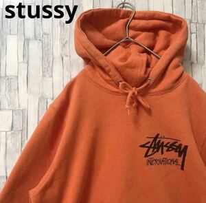 stussy ステューシー 長袖 パーカー スウェット プルオーバー デカロゴ サイズS オレンジ フーディ 裏起毛 送料無料