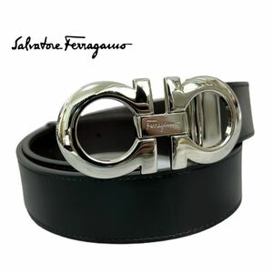 未使用●Salvatore Ferragamo フェラガモ ダブルガンチーニ バックル ベルト カーフレザー ブラック 黒 シルバー金具 本革 ビジネス メンズ