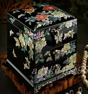 高級感 純手作り製作 漆器 天然シェル 木製　真珠層ラッカー貝殻ジュエリーボックス宝石箱結婚アクセサリーケース箱多層