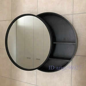 E852★サークルミラー 鏡 背面収納 壁掛け 直径00cm ブラック