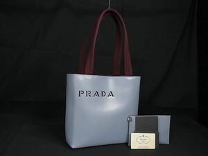 1円 PRADA プラダ B10188 パンチングロゴ レザー×キャンバス ポーチ付き トートバッグ ショルダー 肩掛けかばん ライトブルー系 BG8372