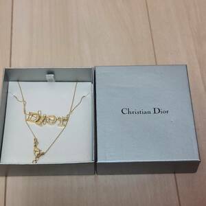 Christian Dior クリスチャンディオール ロゴ ネックレス ラインストーン GP ゴールドメッキ 中古◆21564