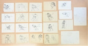 石井鶴三 肉筆画稿21枚「相撲スケッチ」（真作保証品）大相撲・力士の対戦風景を描く 新聞記事原画