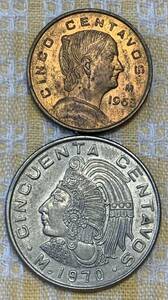 ● 【中古】メキシコ　硬貨2枚　　（1963-1976年）、　コイン