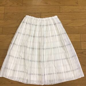 送料無料■INED イネド ホワイト チェック ウエストゴム ギャザースカート 日本製 シルクブレンド