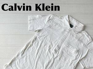 ☆送料無料☆ Calvin Klein カルバンクライン 古着 半袖 二重襟 胸ポケット付き ハーフジップ ポロシャツ メンズ M ホワイト トップス 中古