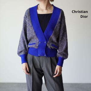 美品 Christian Dior ウールブレンド ニットカーディガン 袖リブ 裾リブ クロップ丈 深めVネック ワンポイントロゴ 刺繍 太アーム
