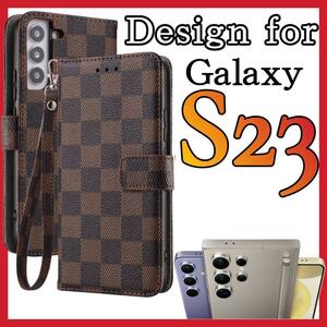 Samsung Galaxy S23ケース 手帳型 茶色 PUレザー チェック柄 お洒落 シンプル 高級感 大人気 サムスンギャラクシーS23カバー ブラウン