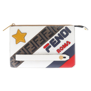 FENDI フェンディ×FILA スモール トリプレット ロゴ レザー クラッチバッグ 薄型ポーチ ホワイト/マルチ