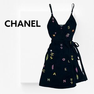 高級 CHANEL シャネル 22P P72187K10375 ココマーク ラインストーン ライオンヘッド ロゴ パイル生地 ドレス ワンピース