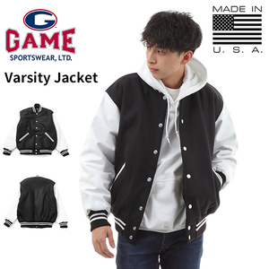 【サイズS】 Game Sportswear ゲームスポーツウェア スタジアムジャケットブラック×ホワイト Varsity Jacket アメリカ製 無地 スタジャン