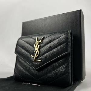 1円〜【付属品完備・現行】 SAINT LAURENT サンローラン カサンドラ 三つ折り財布 キャビアスキン ブラック 黒 レザー YSL モノグラム