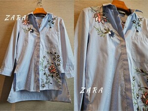 ザラ ZARA 大ぶり刺繍が素敵♪フラワーエンブロイダリー♪ストライプ シャツ ブラウス