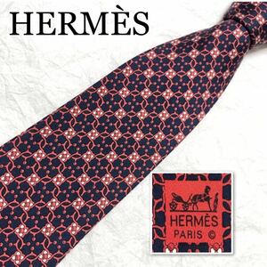 ■美品■HERMES エルメス　ネクタイ　金具　玉　総柄　シルク100% フランス製　ブルー・レッド・ホワイト