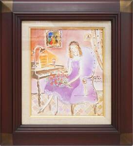 織田広比古/Hiroko Oda「バラ色の室内と少女とバラ」　キャンバスに油彩　F3号サイズ　額装　真作保証 C