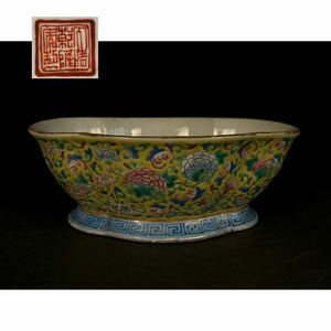 【寧】中国美術 唐物 大清乾隆年製 粉彩 色絵 花図 鉢