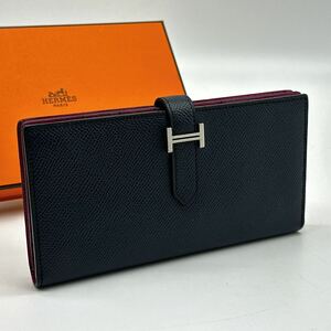 極美品 HERMES エルメス 長財布 ベアンスフレ ヴォーエプソン マチ付き ブルーインディゴ ローズパープル シルバー 金具 メンズ レディース