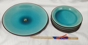 【新品未使用品】民芸陶器 大皿小皿飾り箸セット