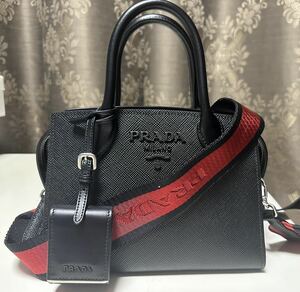 未使用 PRADAブラック ロゴハンドバッグ 2way2ショルダーストラップ 黒