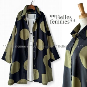 ★Belles*★送料185円★新品★M～L*シャツワンピース*ラフにモード*羽織にも*コットン100%チュニックワンピース*180954黒カーキ*ミセス