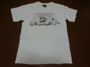 ＴＨＲＡＳＨＥＲ　ＴＨＩＲＴＹＹＥＡＲＳ!!! スラッシャー　半袖　ドクロ　プリント入りコットンティーシャツ　白　Ｍ　メキシコ製　SK8